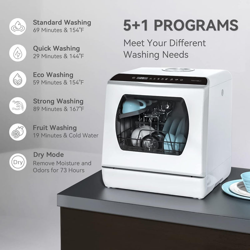 Hermitlux Table Top Dishwasher – Mini Countertop, 4 Place Settings, 6 Programs, Built-In 5L Water Tank, Touch Control