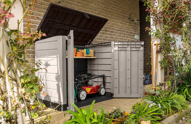 Keter Store-It-Out Pro Outdoor Garden Storage Shed, 1200L, Beige & Brown, with Piston-Assisted Lid