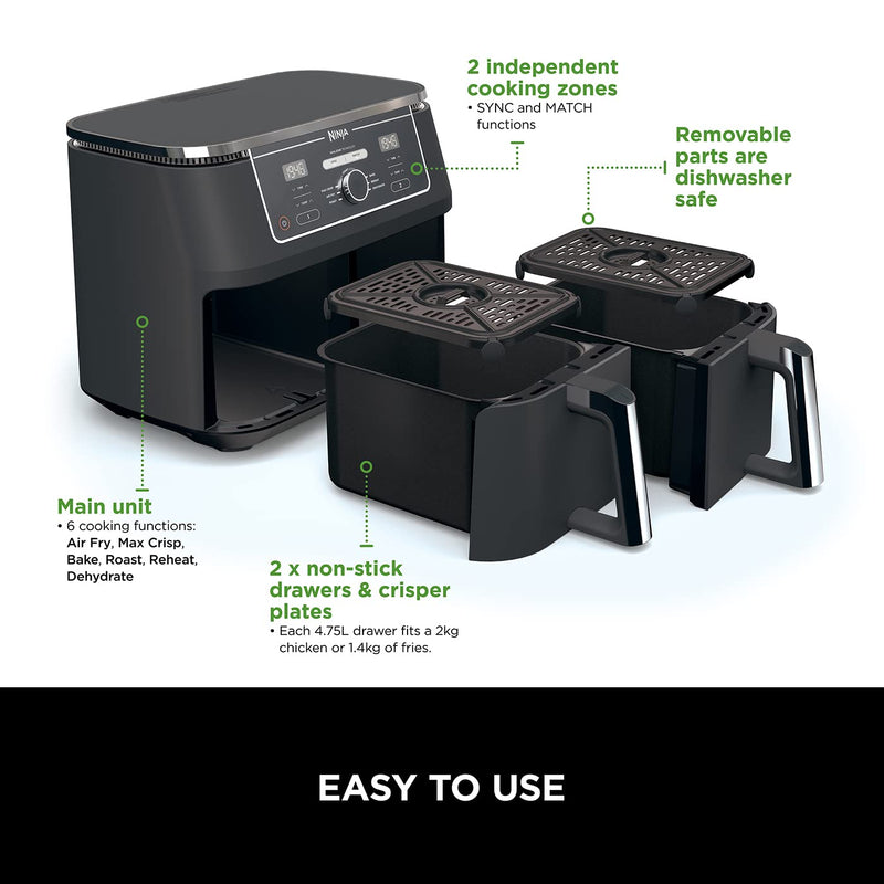 Ninja Foodi MAX Dual Zone Digital Air Fryer, 2 Drawers, 9.5L, 6-in-1, Uses No Oil, Max Crisp, Roast, Bake, Reheat, Dehydrate