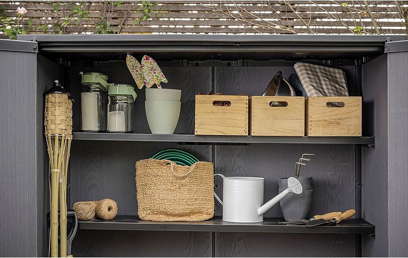 Keter Signature 1400L High Store Outdoor Storage Cabinet – Ashwood Brown | Vertical Shed with Shelves | Weatherproof Resin with Wood-Effect Finish | Lockable Double Doors
