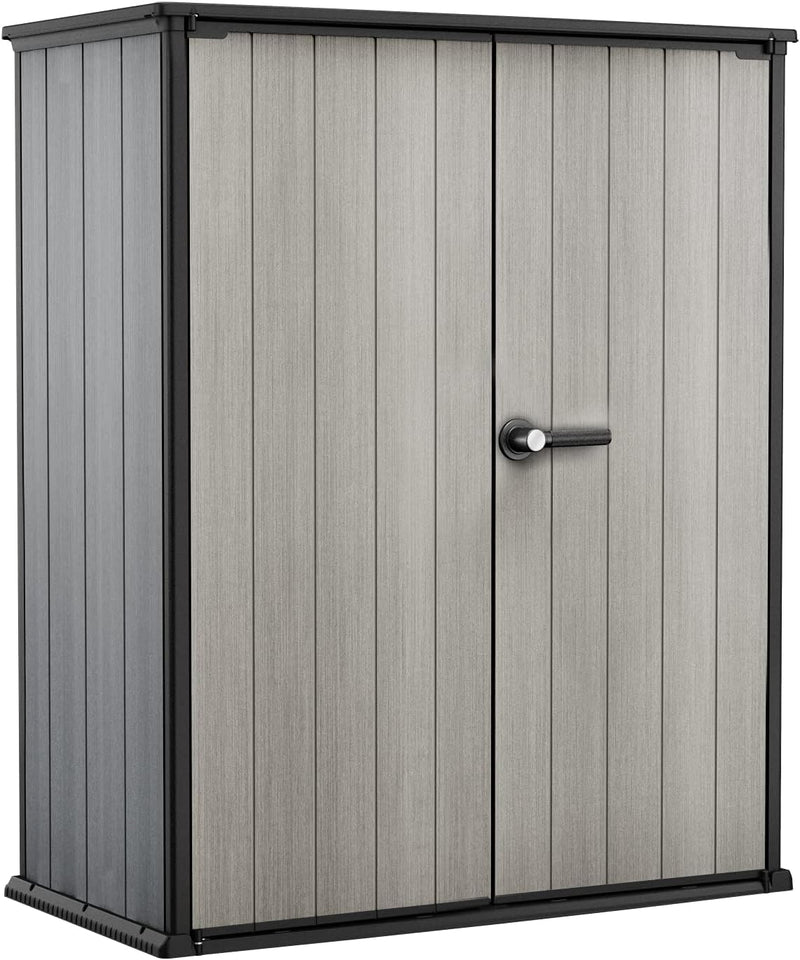 Keter Signature 1400L High Store Outdoor Storage Cabinet – Ashwood Brown | Vertical Shed with Shelves | Weatherproof Resin with Wood-Effect Finish | Lockable Double Doors