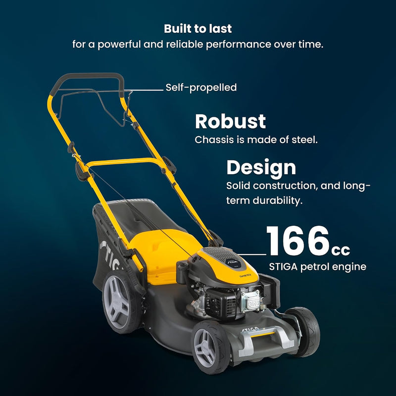 STIGA Combi 53 S Petrol Lawn Mower – Self-Propelled, 166cc Engine, 51cm Cutting Width, 3-in-1: Collection, Mulching & Rear Discharge, 60L Grass Collector, Yellow
