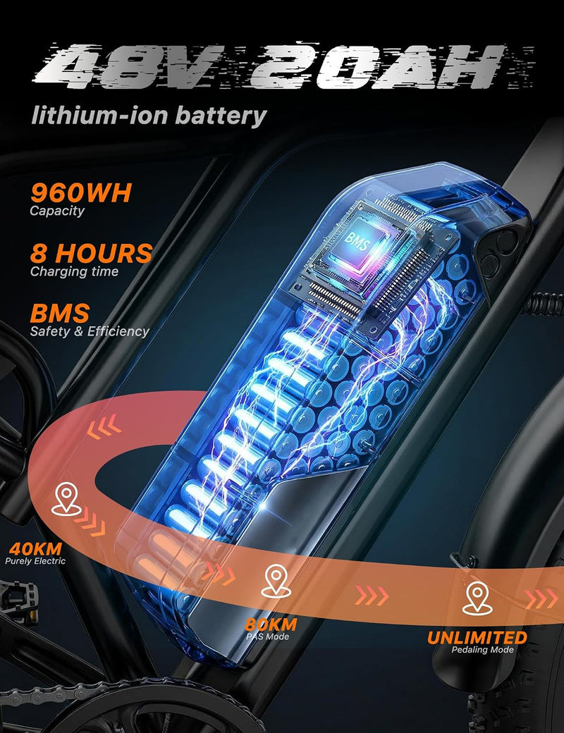 48V 20Ah 960Wh Fat Tyre E-Bike for Adults, 250W Brushless Motor, Removable Battery, Dual Suspension & 7-Speed