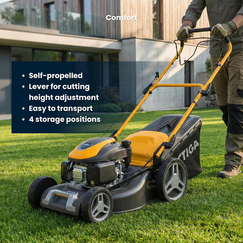 STIGA Combi 53 S Petrol Lawn Mower – Self-Propelled, 166cc Engine, 51cm Cutting Width, 3-in-1: Collection, Mulching & Rear Discharge, 60L Grass Collector, Yellow