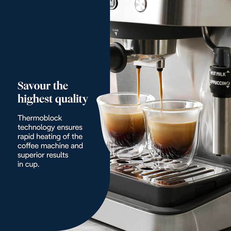 De'Longhi Classic EM450.M, Manual Coffee Machine with Steam Wand, Barista Pump Espresso Machine, Cappuccino Nozzle, Double Wall Filter Basket, 15bar, Fit Mug Up to 13cm, Stainless Steel/Metal