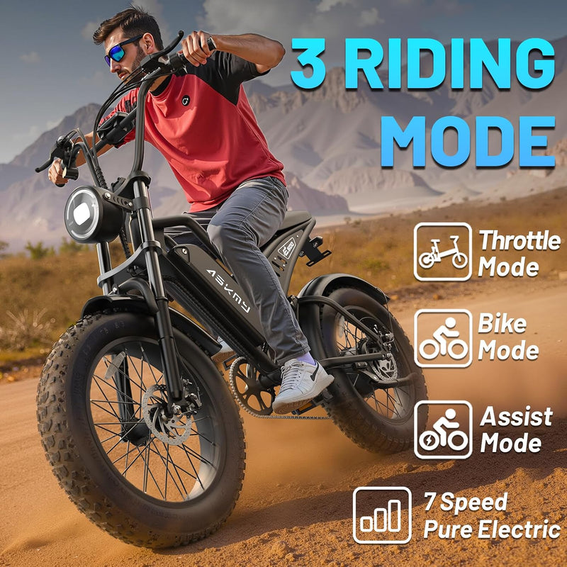 Electric Mountain Bike with 20-Inch Fat Tyres, 48V 15Ah Battery, 1500W Peak Motor, Dual Suspension