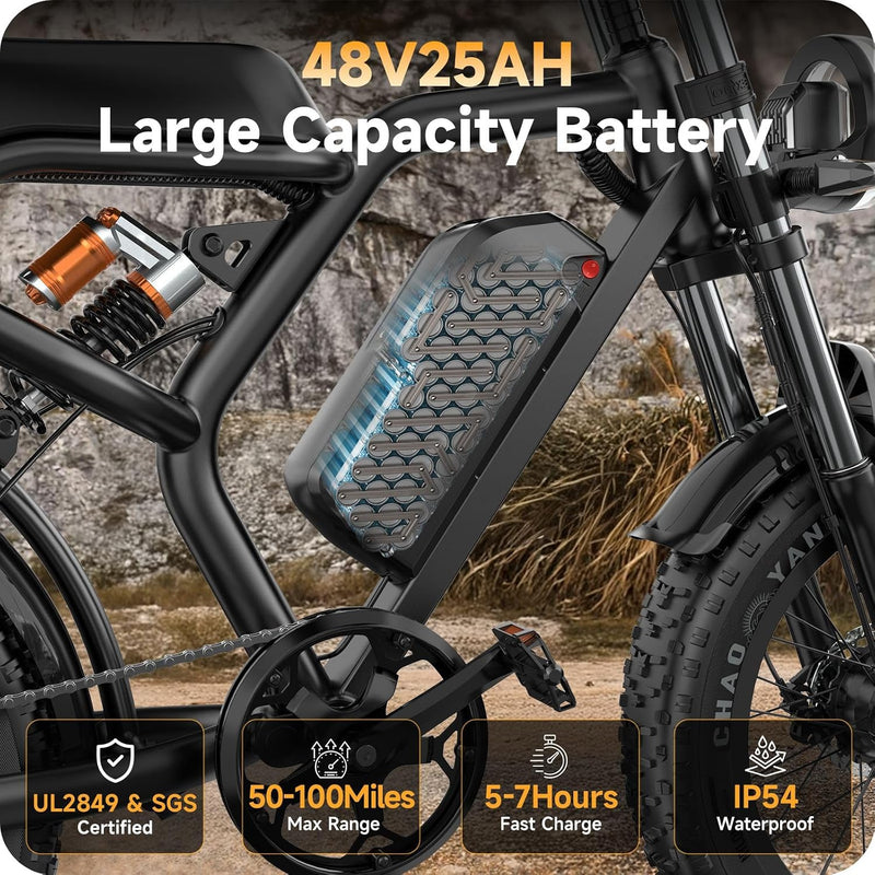 1800Wh Long Range Electric Bike with Fat Tyres, 60V 30Ah Removable Battery, Full Suspension & Hydraulic Brakes