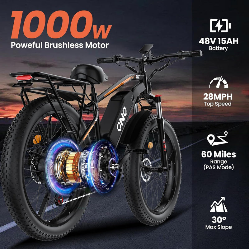 26-Inch Electric Mountain Bike with Fat Tyres, 48V 15Ah Battery, 1500W Peak Motor, Front Suspension & 7-Speed