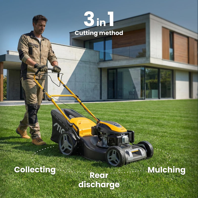 STIGA Combi 53 S Petrol Lawn Mower – Self-Propelled, 166cc Engine, 51cm Cutting Width, 3-in-1: Collection, Mulching & Rear Discharge, 60L Grass Collector, Yellow