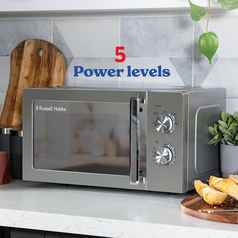 Russell Hobbs Stainless Steel Microwave 20 Litre 800W Solo Manual with 5 Power Levels, Defrost Function & Easy Clean, 35 Minute Timer, RHMM827SS