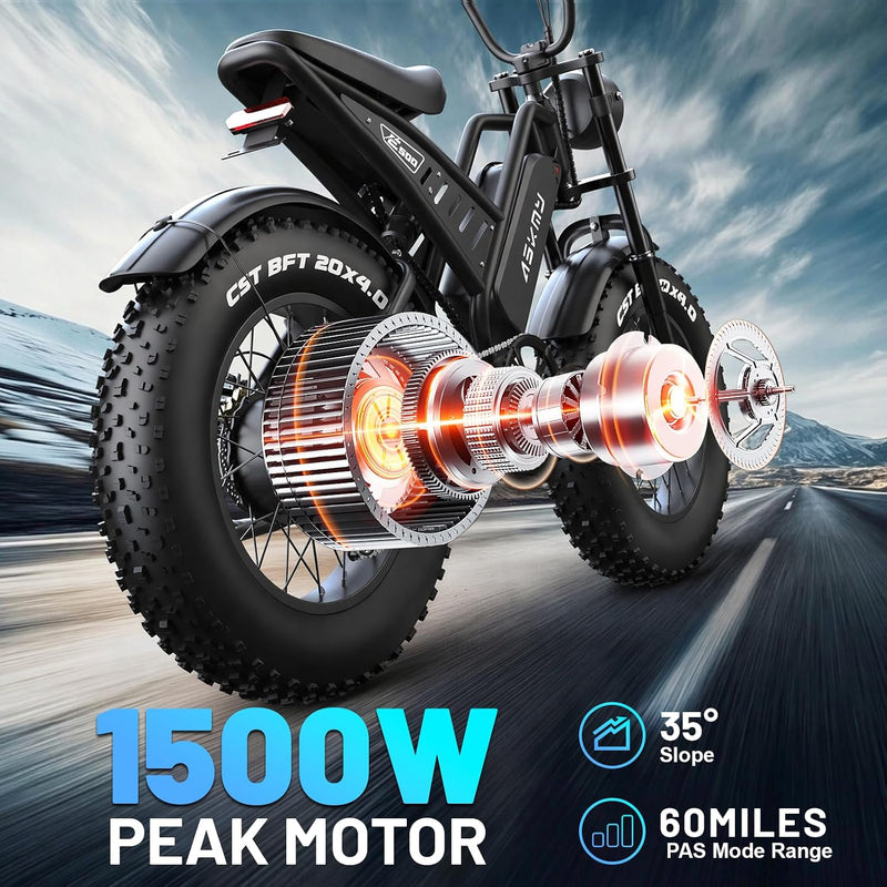Electric Mountain Bike with 20-Inch Fat Tyres, 48V 15Ah Battery, 1500W Peak Motor, Dual Suspension