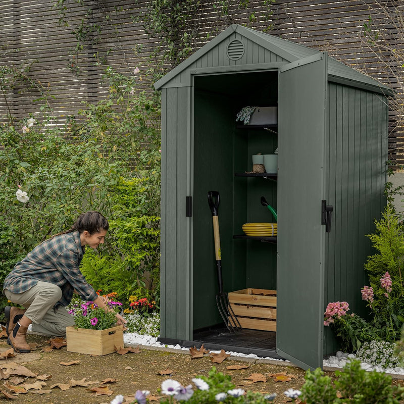 Keter Darwin 4x4 Outdoor Storage Shed - Green | Small Resin Garden Tool Shed | Wood-Effect Weatherproof Double-Wall with Skylight & Ventilation