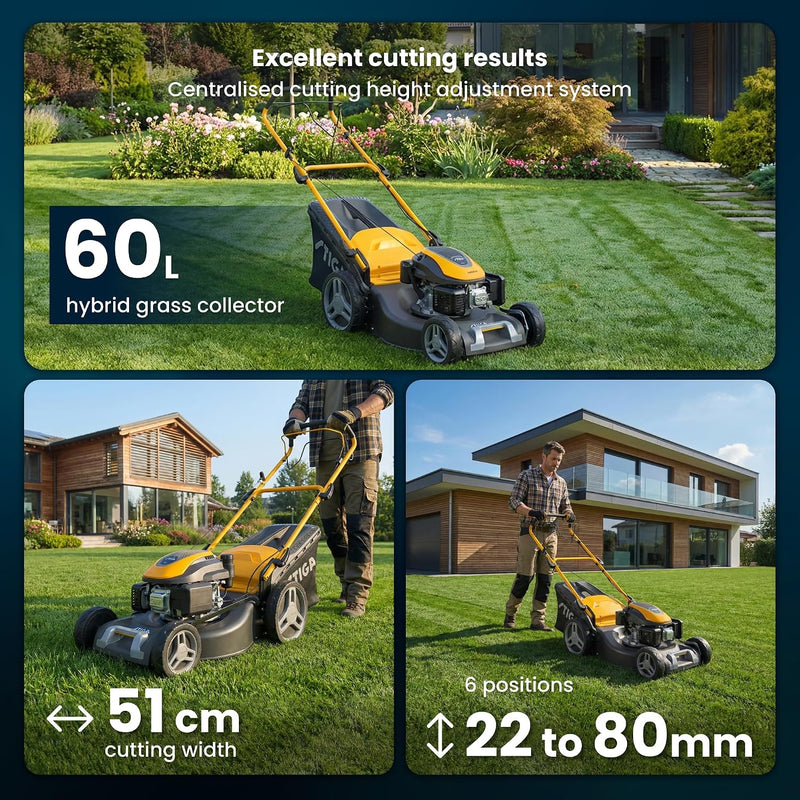 STIGA Combi 53 S Petrol Lawn Mower – Self-Propelled, 166cc Engine, 51cm Cutting Width, 3-in-1: Collection, Mulching & Rear Discharge, 60L Grass Collector, Yellow