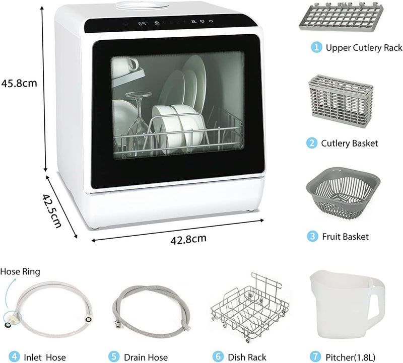 eklipt Table Top Dishwasher – Mini Countertop, 6 Programs, Built-In 5L Water Tank, Touch Control & Drying Cycle