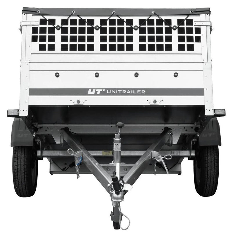 Car trailer GARDEN TRAILER 201 TIPP with mesh side extensions, support wheel and flat tarpaulin