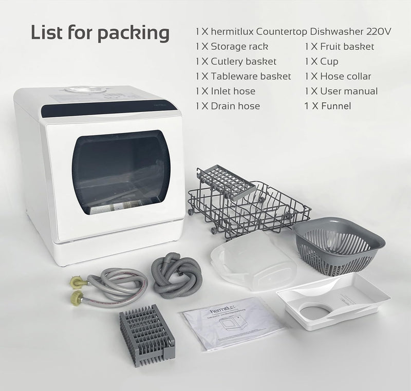Hermitlux Table Top Dishwasher – Mini Countertop, 4 Place Settings, 6 Programs, Built-In 5L Water Tank, Touch Control