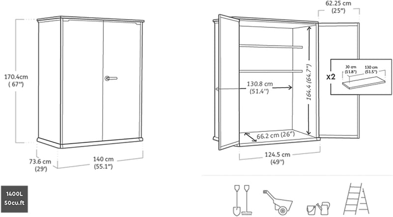 Keter Signature 1400L High Store Outdoor Storage Cabinet – Ashwood Brown | Vertical Shed with Shelves | Weatherproof Resin with Wood-Effect Finish | Lockable Double Doors