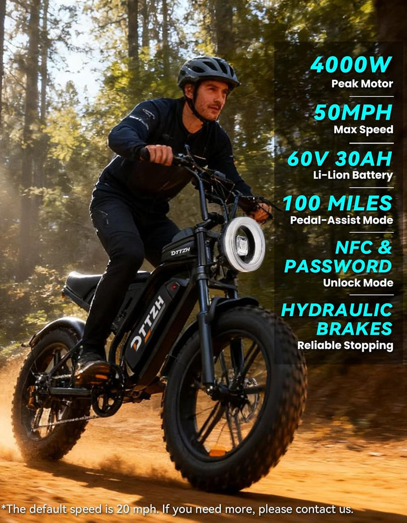 High Power 60V 30Ah Fat Tyre E-Bike, 2500W Brushless Motor, Removable Battery, Full Suspension & Hydraulic Brakes