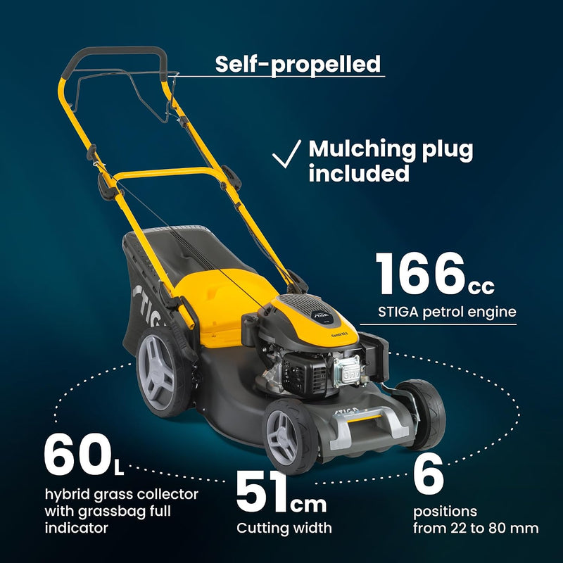 STIGA Combi 53 S Petrol Lawn Mower – Self-Propelled, 166cc Engine, 51cm Cutting Width, 3-in-1: Collection, Mulching & Rear Discharge, 60L Grass Collector, Yellow