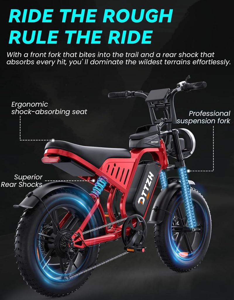 Electric Bicycle with Removable Battery, Dual Suspension, 7-Speed Gears, 20-Inch Fat Tires, LCD Display, Adult Use