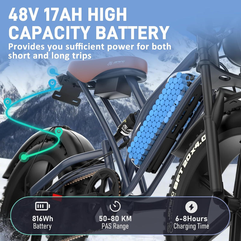48V 17Ah Fat Tyre E-Bike for Adults, 250W Brushless Motor, Removable Battery, Full Suspension & 7-Speed