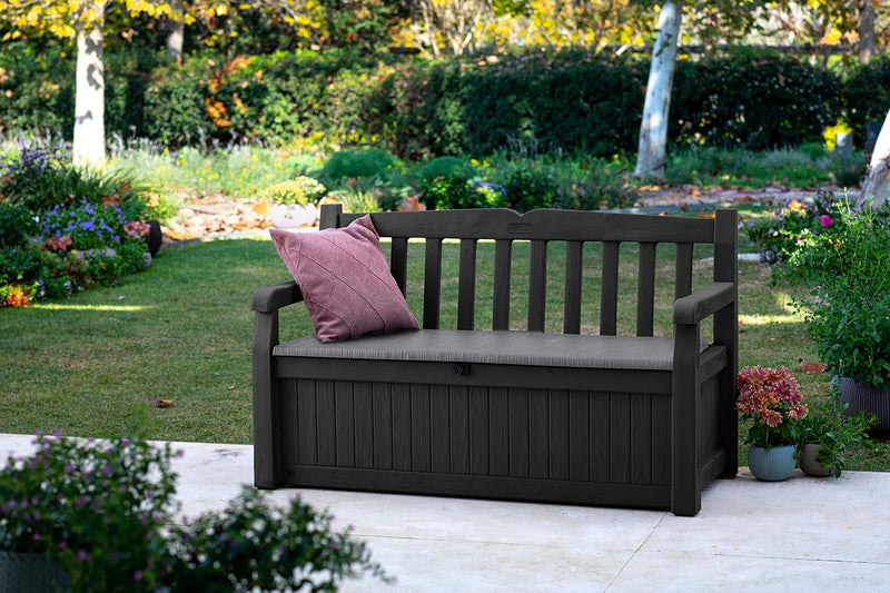 Keter Eden Bench 265L Outdoor Garden Storage Box, Graphite & Light Grey, 60% Recycled Plastic, Weatherproof