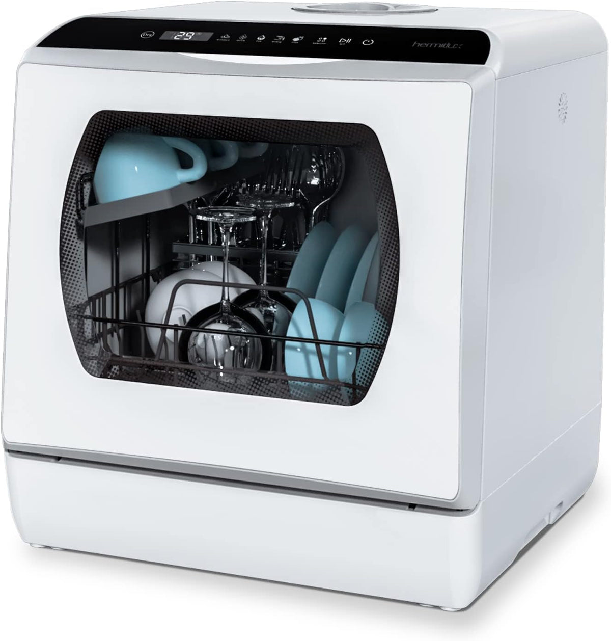 Hermitlux Table Top Dishwasher – Mini Countertop, 4 Place Settings, 6 Programs, Built-In 5L Water Tank, Touch Control